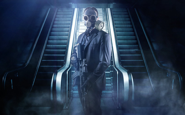 Man gas mask escalator gun free wallpaper - medium preview image