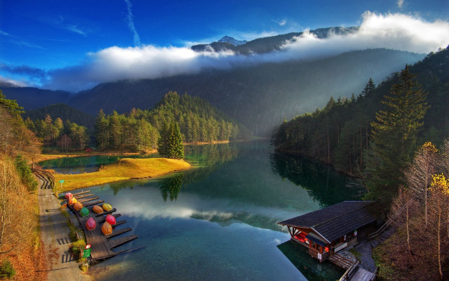 Lake mountains dock canoes boathouse free wallpaper - medium preview image