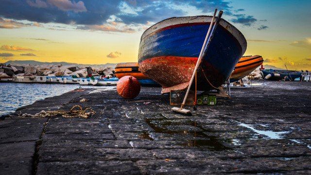 Boat sunset dock watercolor saturated free wallpaper - medium preview image