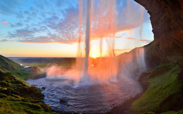 Waterfall sunset river cliff nature free wallpaper - medium preview image