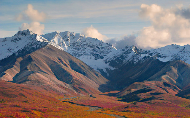 Snowy mountains river valley clouds free wallpaper - medium preview image