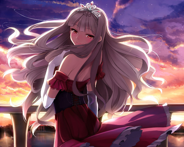 Woman red dress sitting ledge free wallpaper - medium preview image