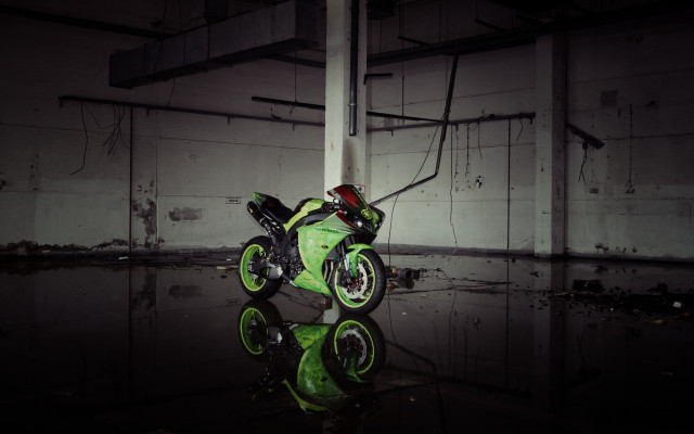 Green motorcycle dark room mirror free wallpaper - medium preview image