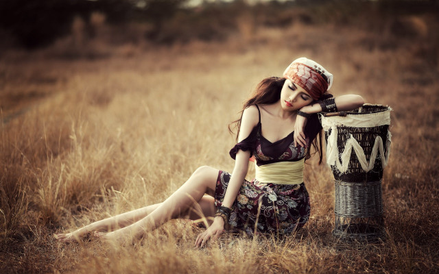 Woman field drum hat dress free wallpaper - medium preview image