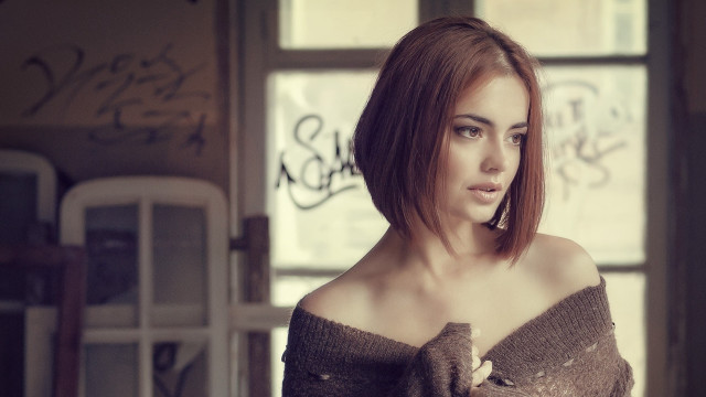 Woman serious look graffiti window free wallpaper - medium preview image