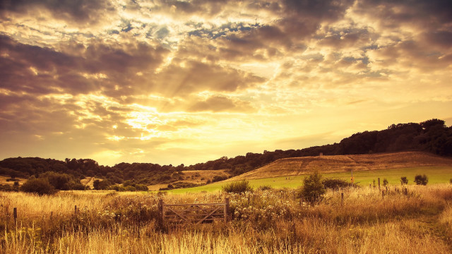 Sunset hill fence trees grass free wallpaper - medium preview image