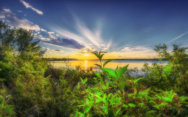 Sunset lake nature trees clouds free wallpaper - medium preview image