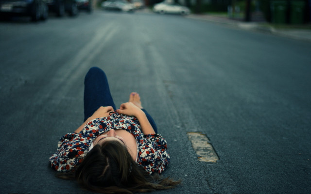 Woman laying street black hair free wallpaper - medium preview image