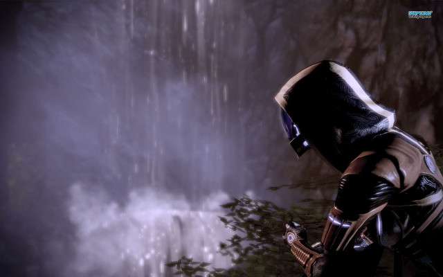 Man black outfit waterfall forest free wallpaper - medium preview image