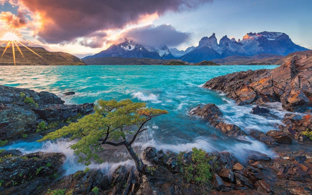 Tree water rocks mountains sunset #2 free wallpaper - medium preview image