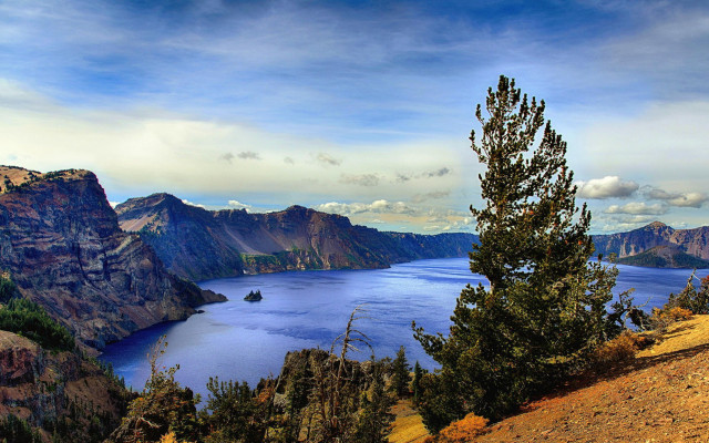 Scenic lake mountains trees cloudy free wallpaper - medium preview image