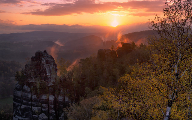 Sunset mountain forest rock formation free wallpaper - medium preview image