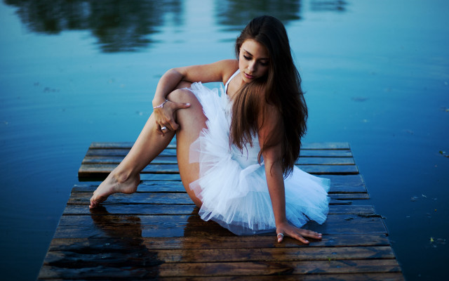 Woman white dress dock lake free wallpaper - medium preview image