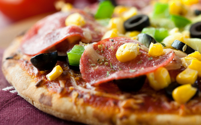 Pizza corn olives pepperoni tablecloth free wallpaper - medium preview image
