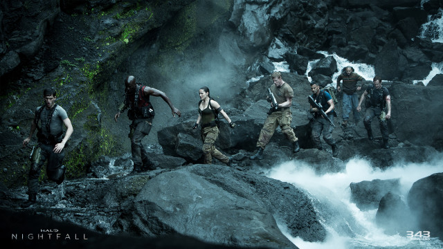 People walking river waterfall woods free wallpaper - medium preview image