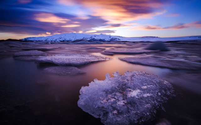 Sunset frozen lake mountains clouds free wallpaper - medium preview image