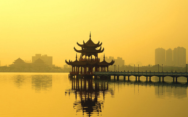 Pagoda lake city skyline bridge free wallpaper - medium preview image