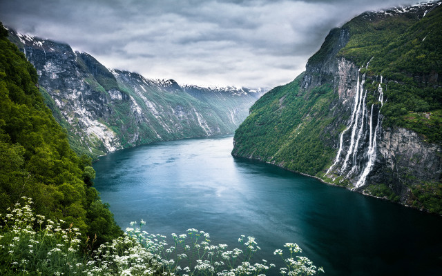 River mountains trees waterfall cloudy free wallpaper - medium preview image