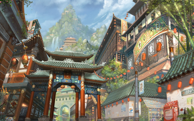 Chinese village clock tower pagoda free wallpaper - medium preview image