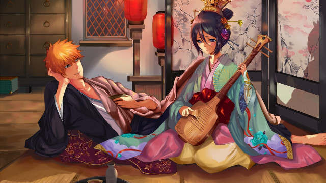 Romantic guitar sitting kimono lantern free wallpaper - medium preview image