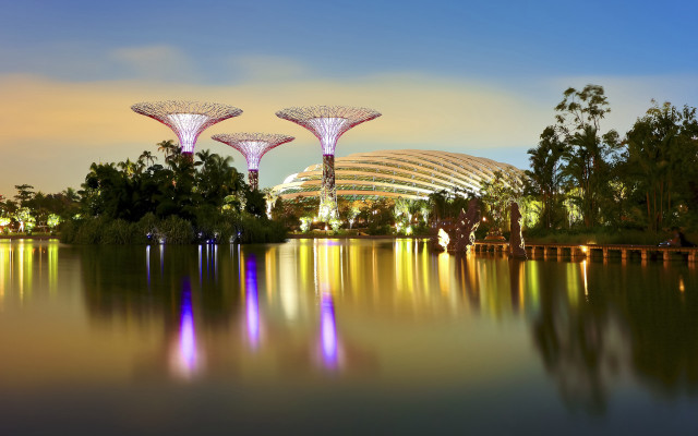 Lake reflection sunset trees building free wallpaper - medium preview image