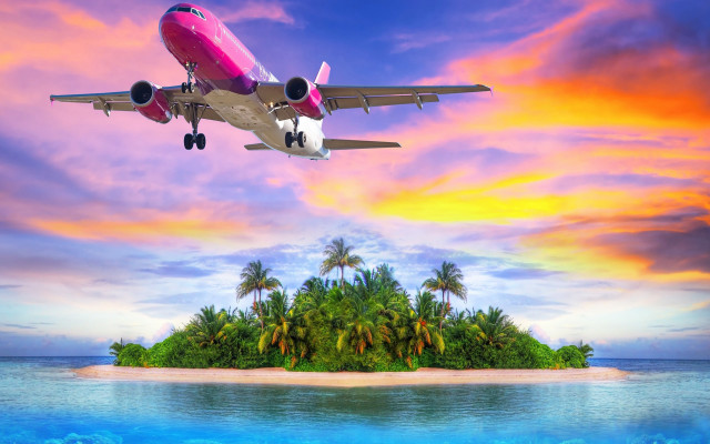 Airplane island palm sunset matte free wallpaper - medium preview image
