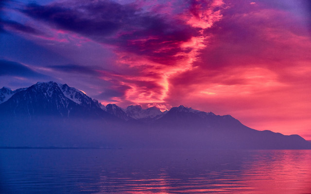 Boat mountain sunset pink blue free wallpaper - medium preview image