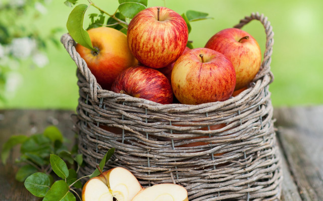 Basket apples leafy branch green free wallpaper - medium preview image
