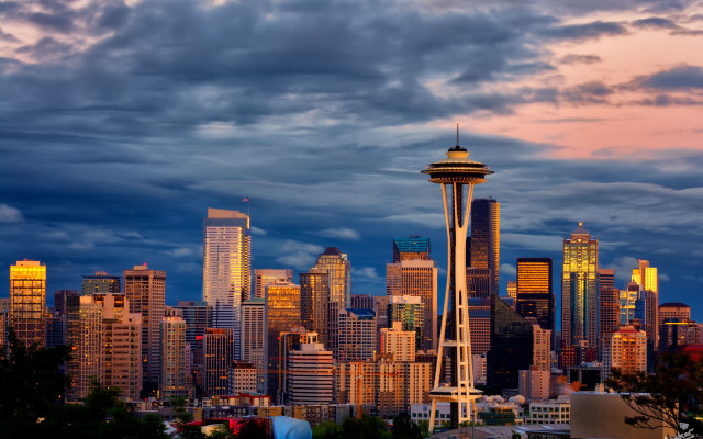 City skyline tower dusk clouds free wallpaper - medium preview image