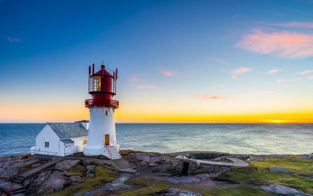 Lighthouse rocky cliff sunset ocean free wallpaper - medium preview image