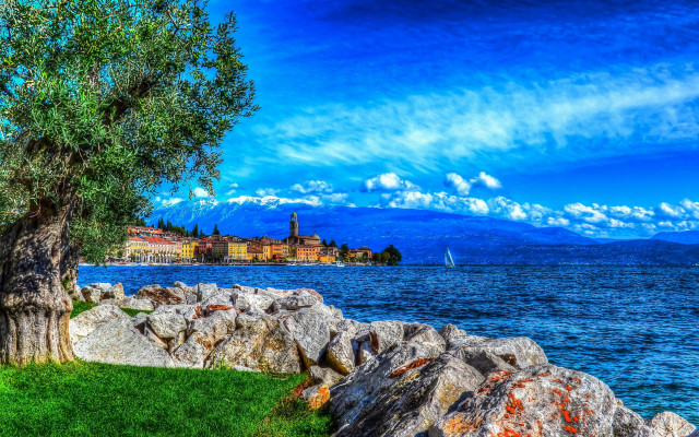 Lake shore tree castle sailboat free wallpaper - medium preview image