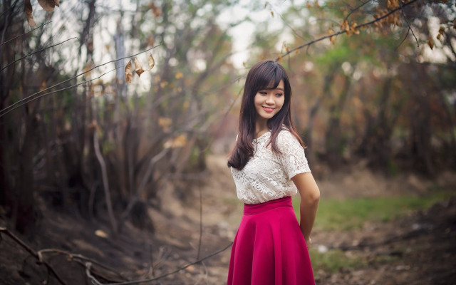 Woman red skirt forest autumn free wallpaper - medium preview image