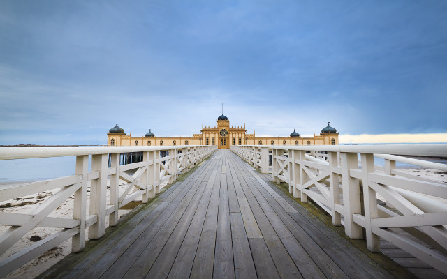 Wooden bridge building water sky free wallpaper - medium preview image