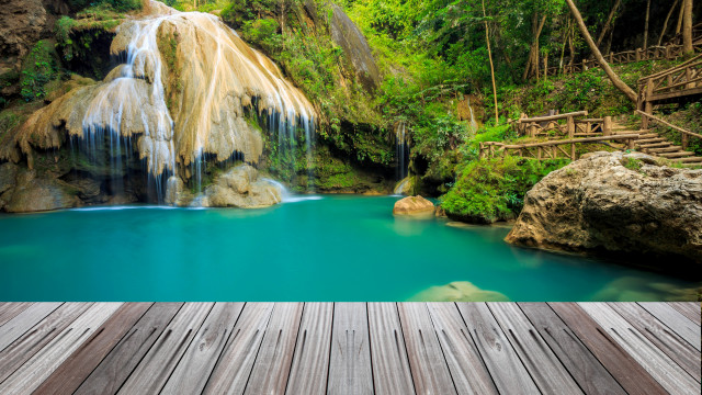 Wooden deck waterfall blue pool free wallpaper - medium preview image