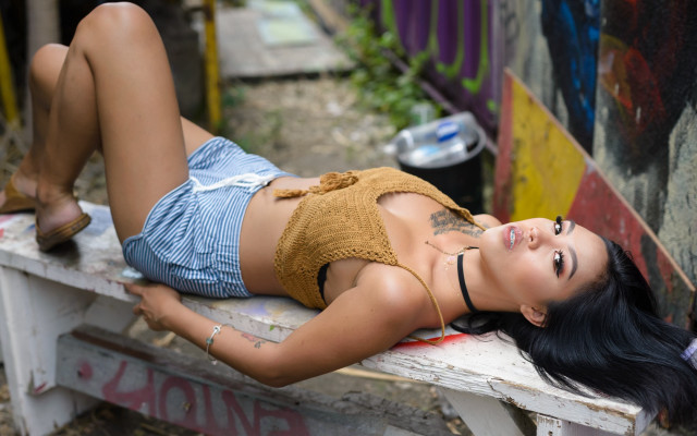 Woman bench highheels crossed posing free wallpaper - medium preview image