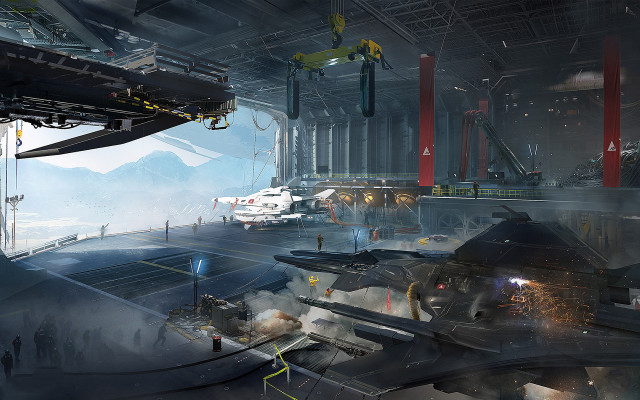 Futuristic space station mountain people free wallpaper - medium preview image
