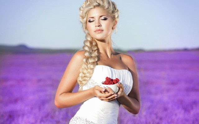 Woman white dress berries lavender free wallpaper - medium preview image