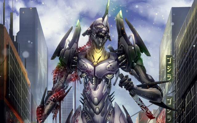 Robot city sword cyberpunk mecha free wallpaper - medium preview image