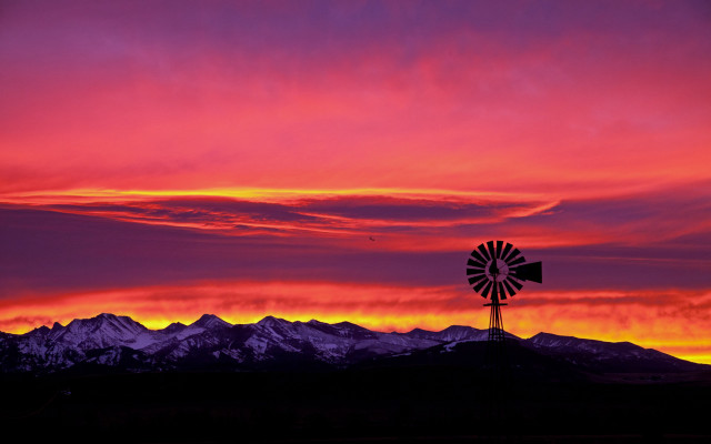 Windmill sunset mountains pink sky free wallpaper - medium preview image