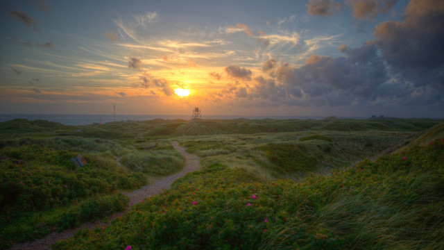 Lighthouse path grassy hill sunset free wallpaper - medium preview image