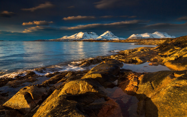 Rocky shore mountains night cloudy free wallpaper - medium preview image