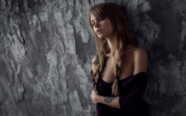 Woman long hair tattoo purple free wallpaper - medium preview image