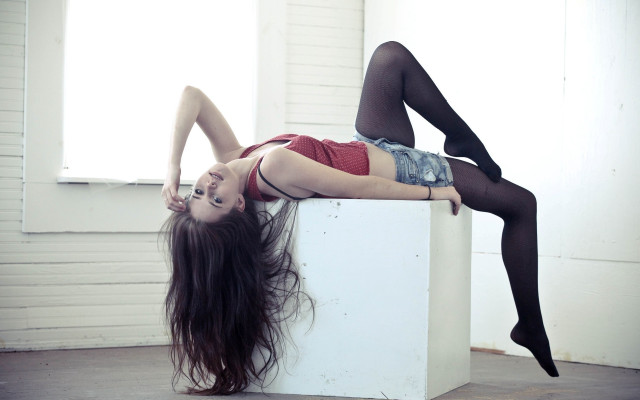 Woman red top black stockings free wallpaper - medium preview image