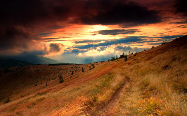 Dirt path hill sunset clouds free wallpaper - medium preview image