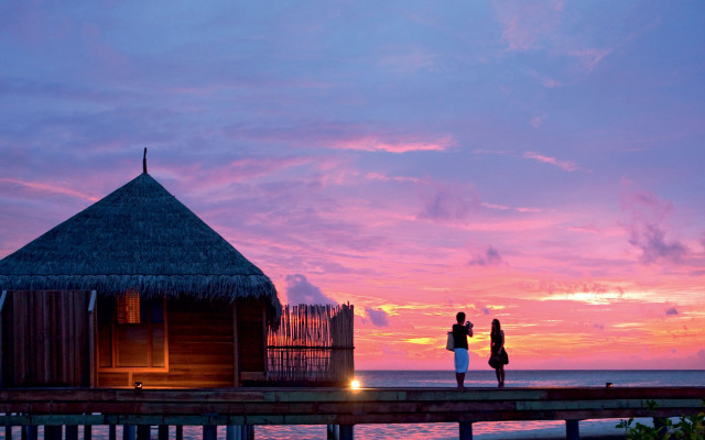 Sunset dock people hut pier free wallpaper for desktop - medium preview image