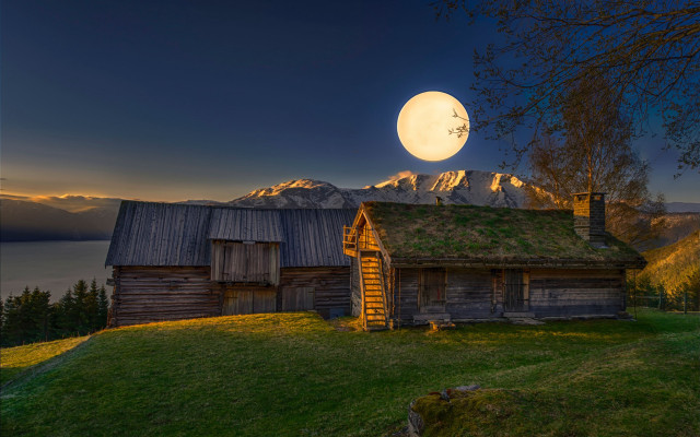 House green roof full moon free wallpaper - medium preview image