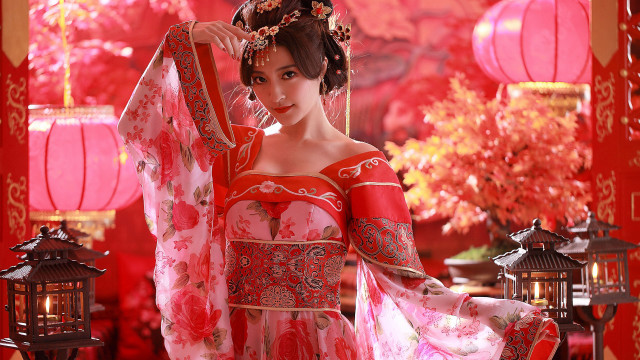 Red lantern cherry blossoms kimono free wallpaper - medium preview image