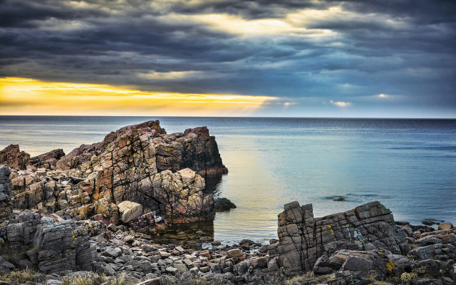 Rocky shore lake sunset bridge free wallpaper - medium preview image