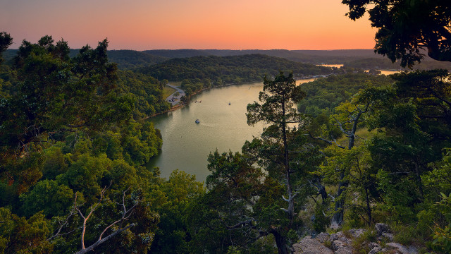 Lake sunset trees boat mountains free wallpaper - medium preview image