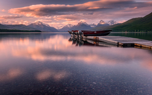 Lake mountains sunset boat pier free wallpaper - medium preview image